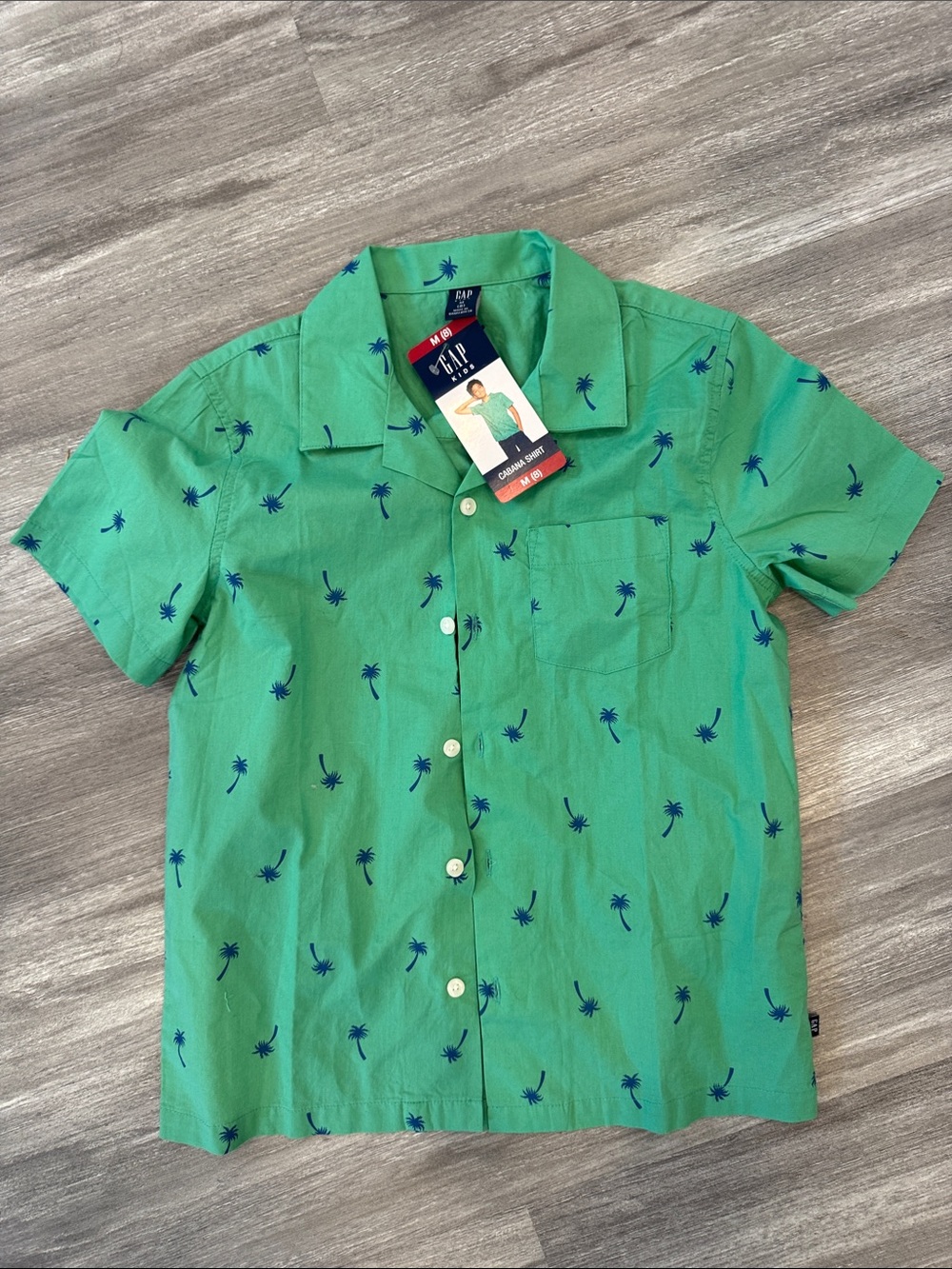 GAP Green Short-Sleeve Button-Down Shirt with Navy Palm Print